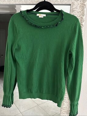 Boden Cotton/Wool Green Crewneck Sweater with Ruffle Trim